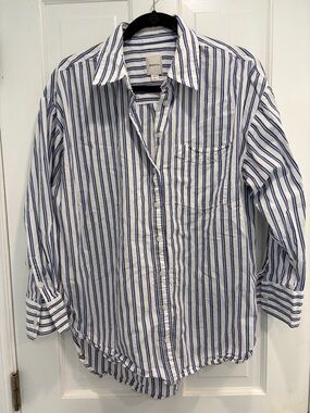 Maeve Button-Down Shirt with Navy Vertical Stripes